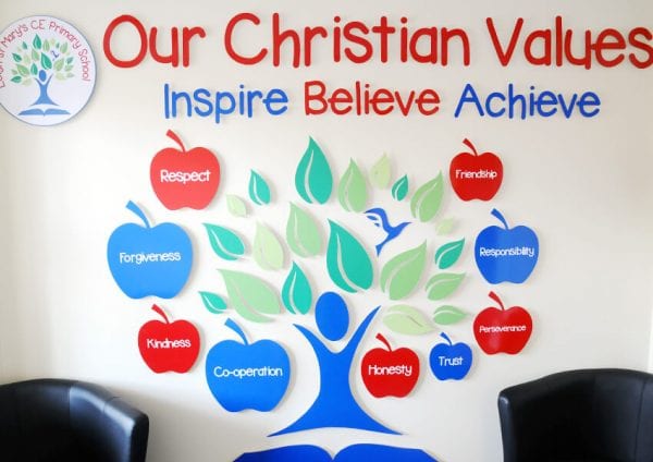 Primary school wall displays and external signs for Leigh St Mary's