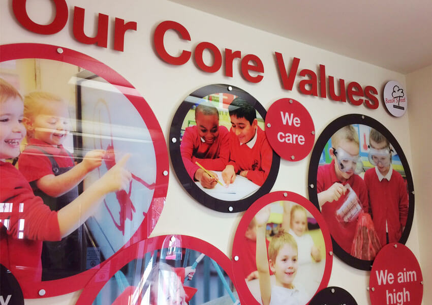 The core values display in close-up.