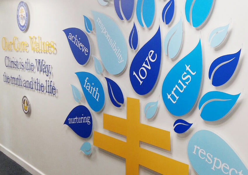 A wall display expressing the school's faith and ethos