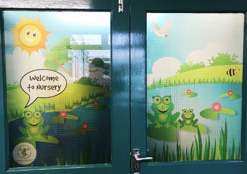 Doors are transformed with vinyl artwork.