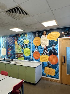 An inspiring educational space brought to life with creative wall designs and art