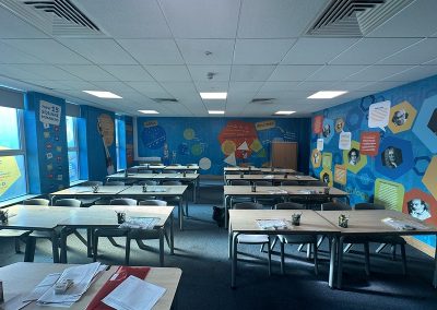 A full classroom transformed into an inspiring educational space with vibrant wall art