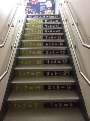 Oais Academy staircases decorated with custom wall art for engaging transitions