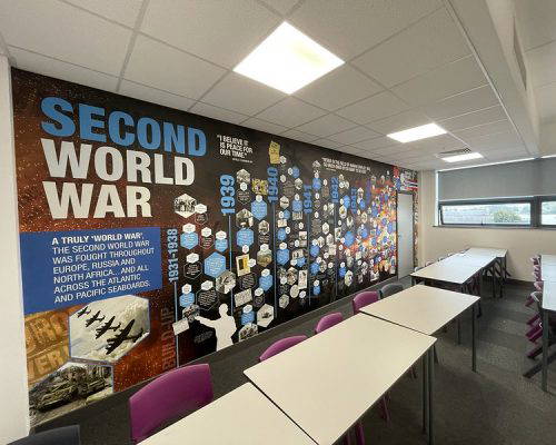 Classroom featuring school wall art, a bespoke Second World War wall mural. Inspiring wall displays for education. Designed, manufactured and installed by Design for Education