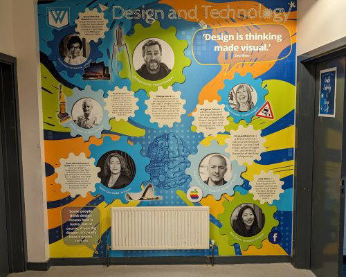 Corridor wall art for design and technology department. Designed and installed by Design for Education.