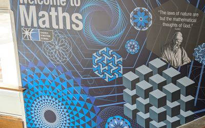 Welcome to maths wall art. Corridor wall display designed and installed by Design for Education