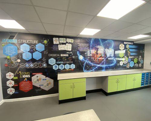 Classroom featuring bespoke school wall art on the atomic structure. Designed, manufactured and installed by Design for Education