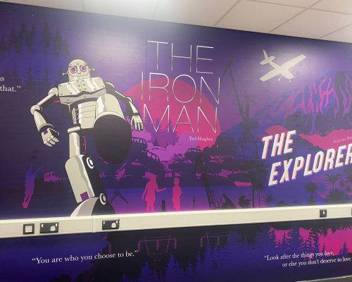 Bespoke Library Wall Art Engaging reading themed English wall art installed by Design for Education at Inspire Academy.