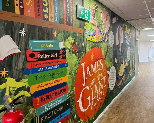 Reading Wall Art English and reading themed wall display at Redgate Primary School. Designed and installed by Design for Education
