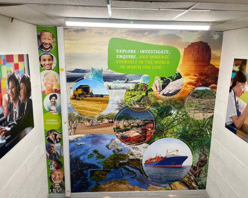 Inspirational geography wall art with a famous quite and engaging imagery. Designed, manufactured and installed by Design for Education
