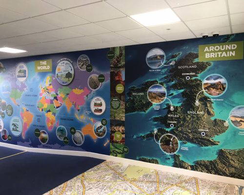 around-britain-geography-mural-in-a-school Geography mural showing the geographical features around Britain. Designed, manufactured and installed by Design for Education
