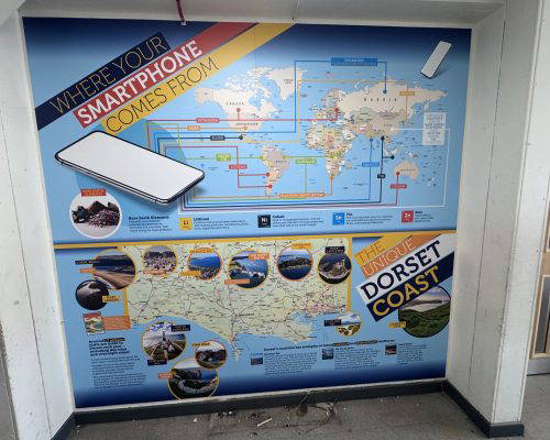 geography-wall-art-showing-where-mobile-phones-come-from Engaging wall art showing where mobile phones come from and the school's local area of Dorset. Designed, manufactured and installed by Design for Education