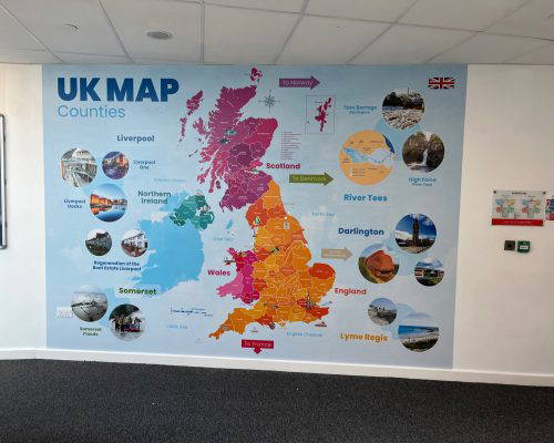 uk-map-geography-wall-art Bespoke UK map school wall art showing counties and landmarks. Designed, manufactured and installed by Design for Education
