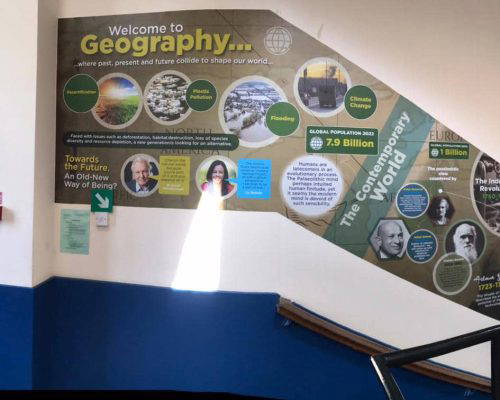 welcome-to-geography-wall-art Welcome to geography wall art in school corridor. Designed, manufactured and installed by Design for Education.