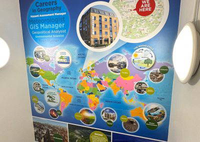 Geography wall art featuring a world map and geography careers Designed, manufactured and installed by Design for Education.