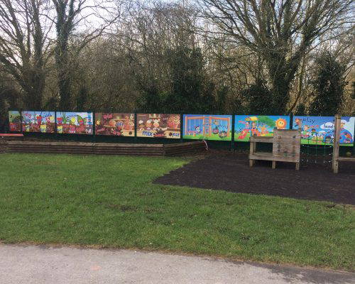 Outdoor Mural for Primary School Outdoor bespoke wall art for primary school students, designed to increase usable teaching space. Designed, manufactured and installed by Design for Education