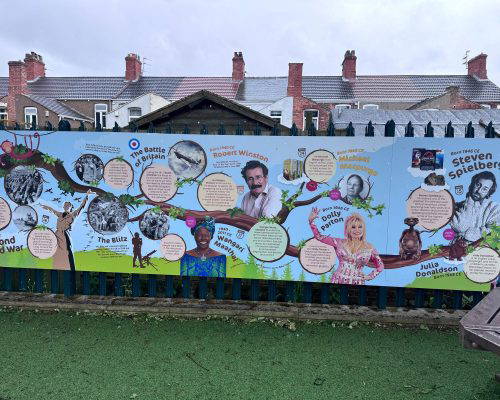Outdoor Timeline Wall Art Timeline installed in a school playground featuring The Battle of Britain and Dolly Parton. Designed, manufactured and installed by Design for Education