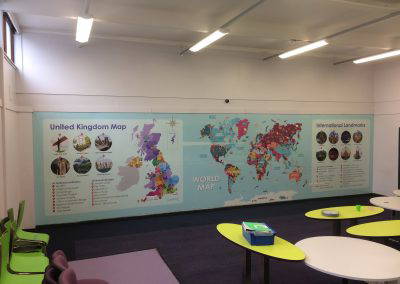 UK and world map display with local and international landmarks. Designed, manufactured and installed by Design for Education.