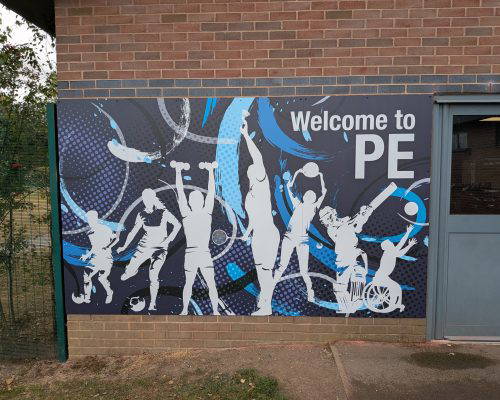 Welcome to PE Outdoor School Mural Welcome to PE outdoor wall art, bespoke design by Design for Education. Professionally manufactured and installed