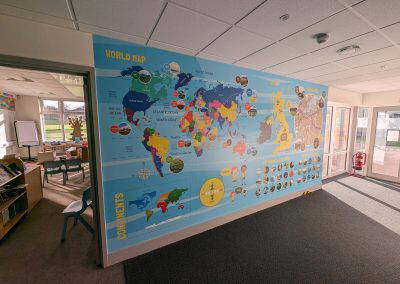 World map school wall art. Designed, manufactured and installed by Design for Education.