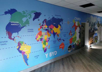 World map school wall art. Designed, manufactured and installed by Design for Education.