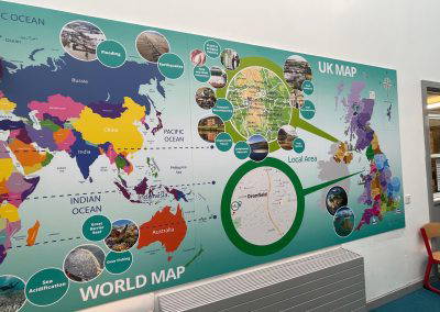 World map primary wall display. Designed, manufactured and installed by Design for Education.