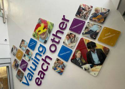 All Catholic High School Values Wall. Designed and installed by Design for Education.