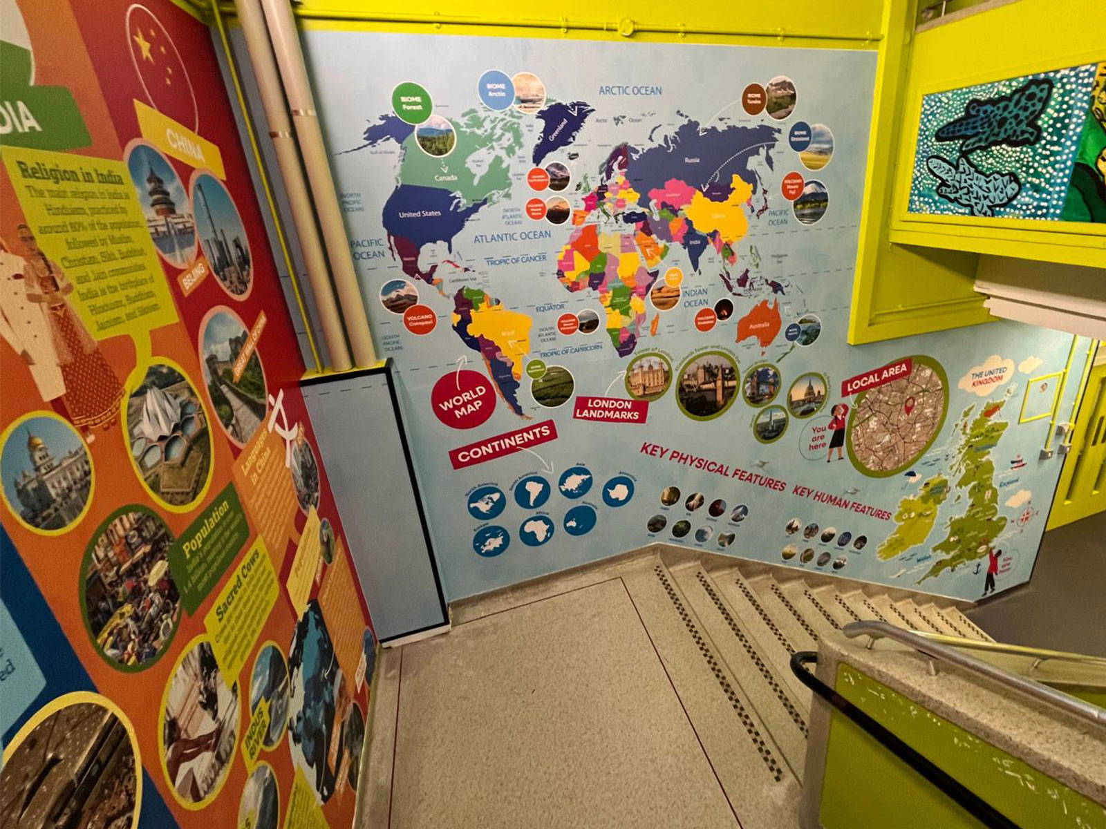 Curriculum Stairwell Wall Art and corridor displays featuring Geography and History