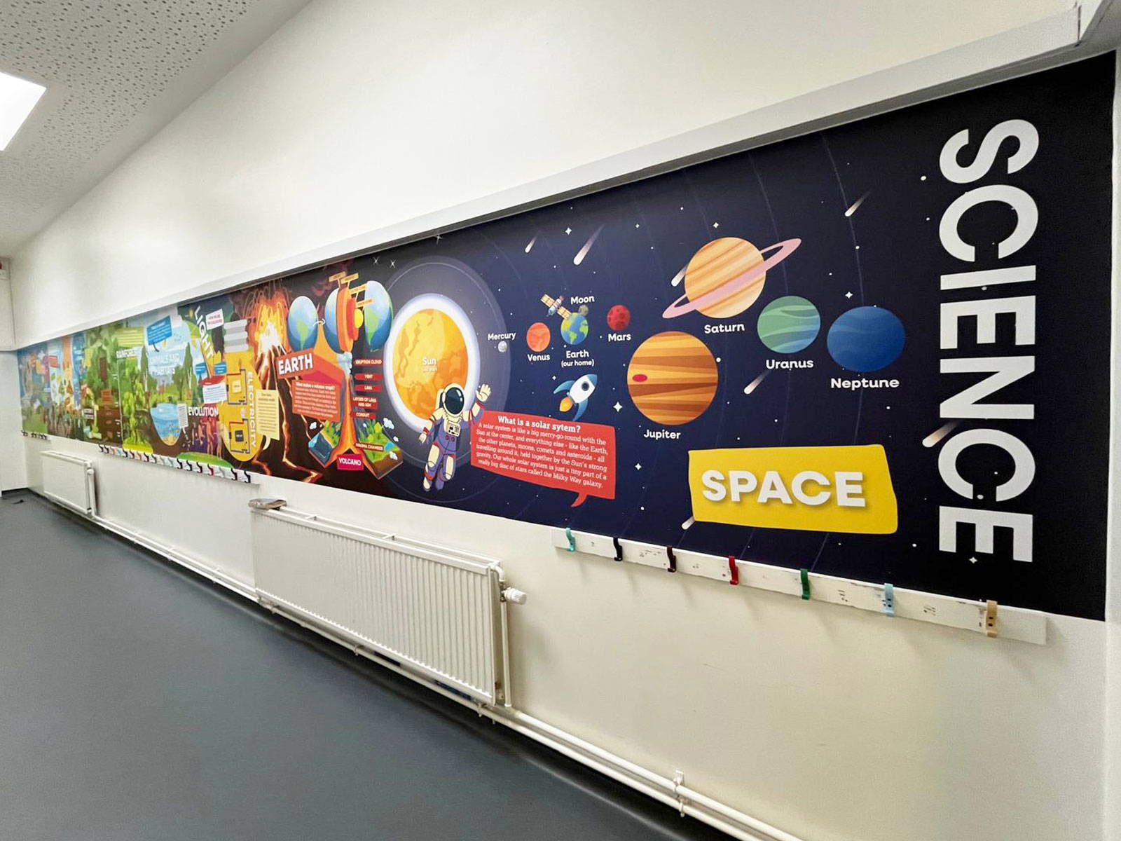 Detailed Science wall art in corridor