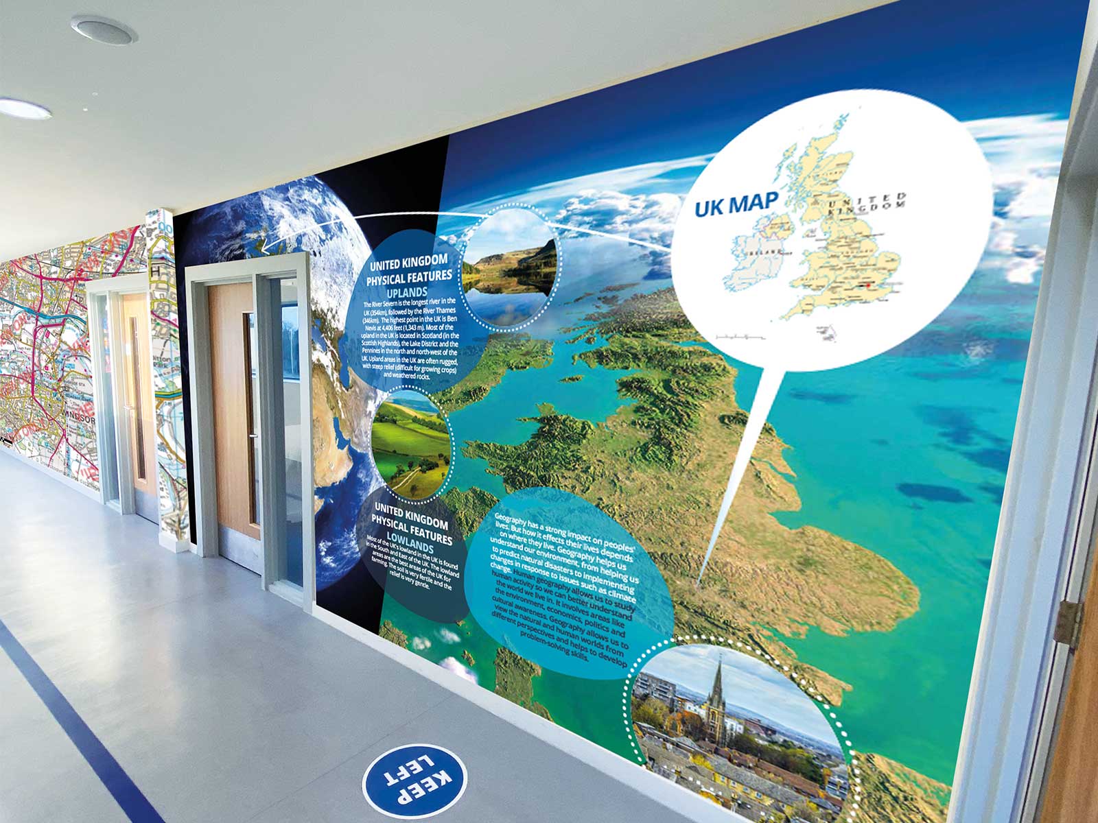 Bespoke geography wall art showing world maps and curriculum elements at The Westgate School.