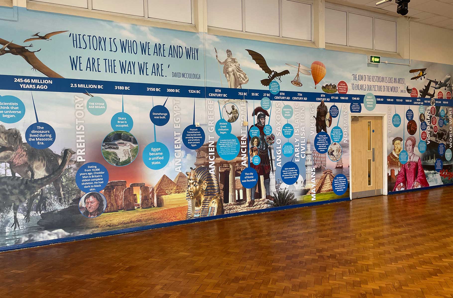 hunningly-primary-history-timeline-hall A wide-angle shot of the history timeline school wall graphics in the Hunningly Primary School hall.