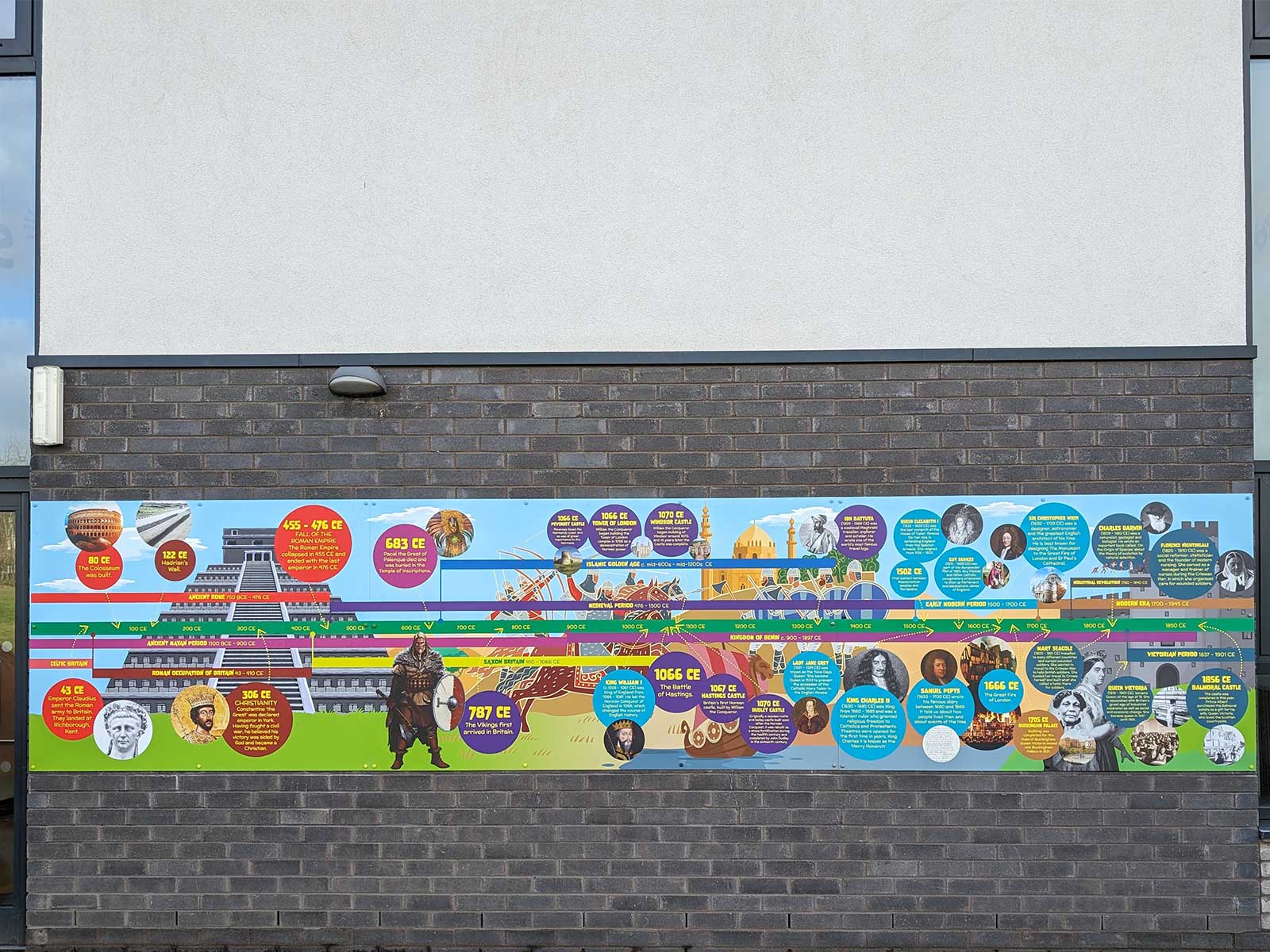 Transformation of a brick playground wall into an inspiring learning environment design feature.