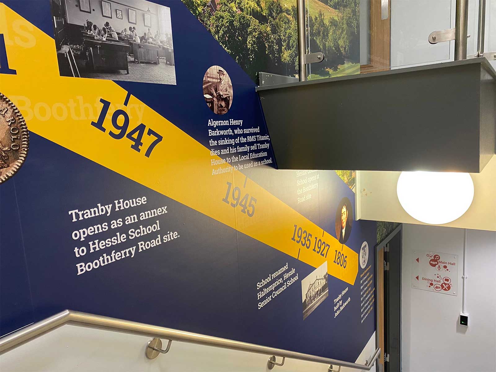 Immersive learning environment design in a secondary school stairwell using durable wall graphics.