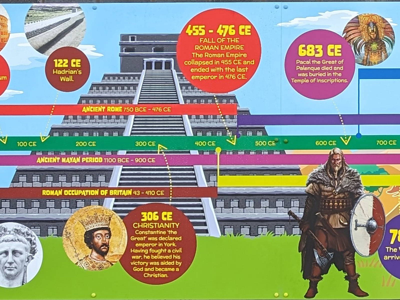 How school branding was integrated into the outdoor history timeline for a cohesive school look