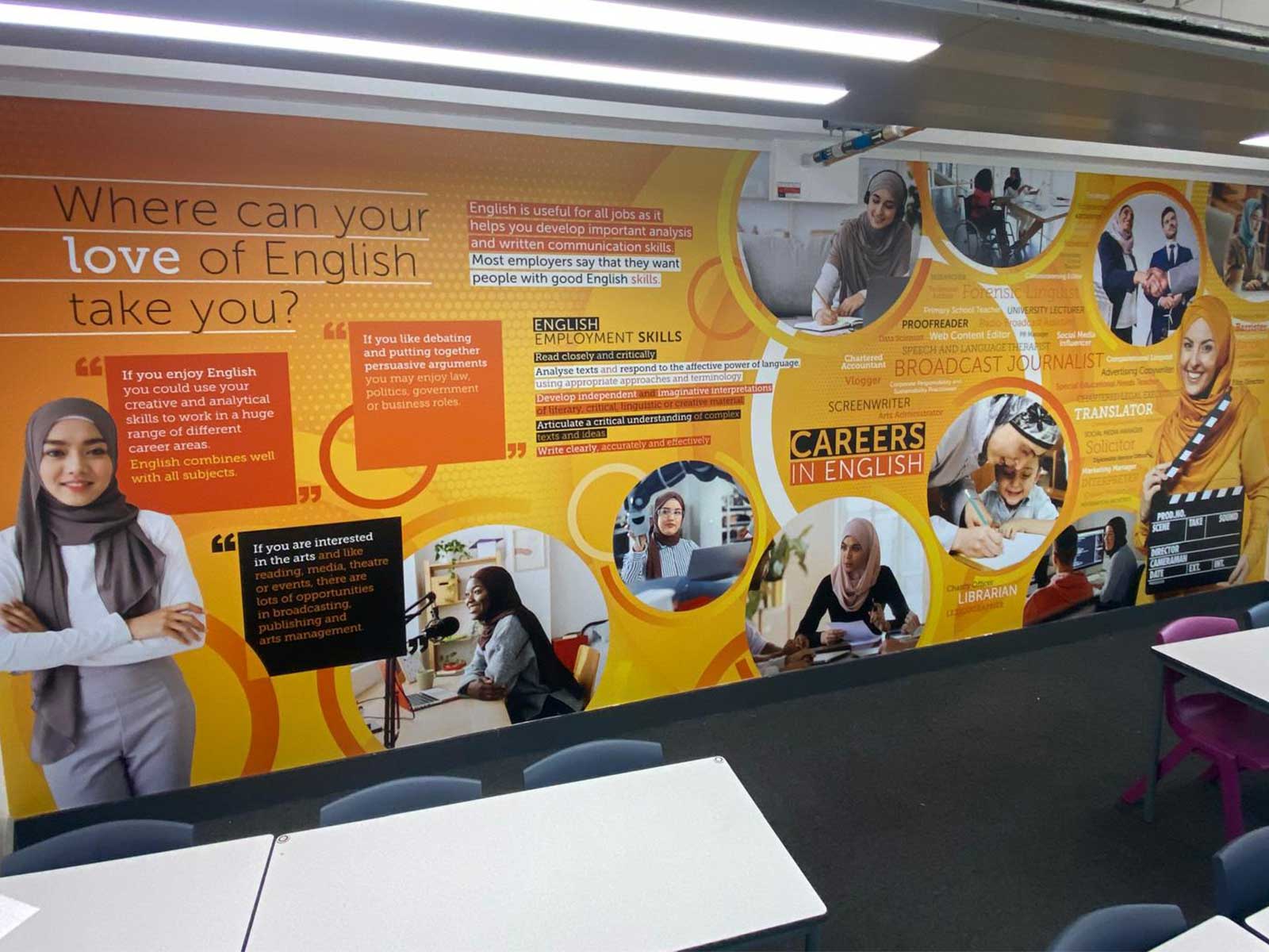 Careers in English classroom wall graphics promoting pathways