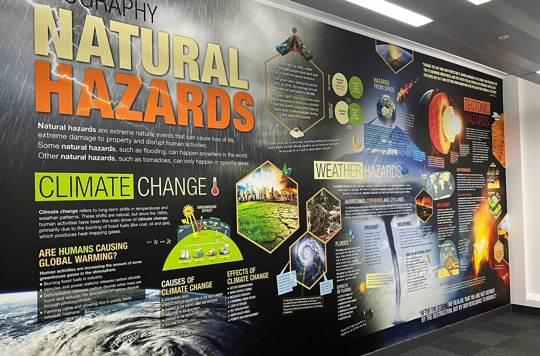 Bespoke humanities classroom wall art featuring History and RE themes at a Star Academies secondary school.