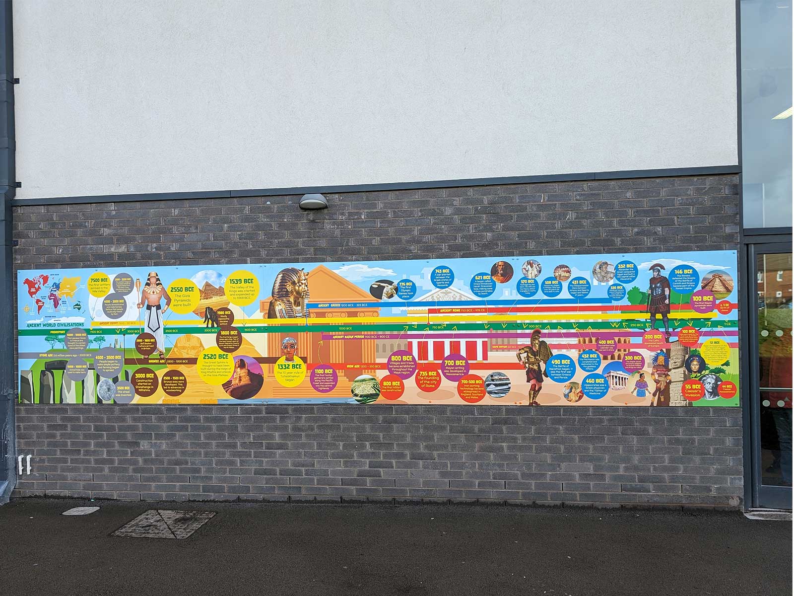 Detail of the weather-resistant aluminium composite panels used for the outdoor history timeline project.