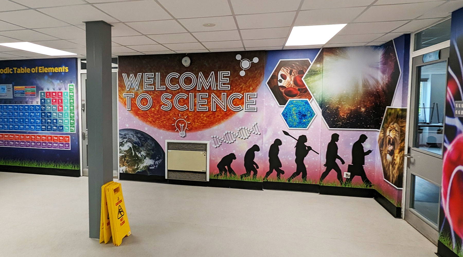 Secondary science wall art transforming Ash Green School entrance corridor