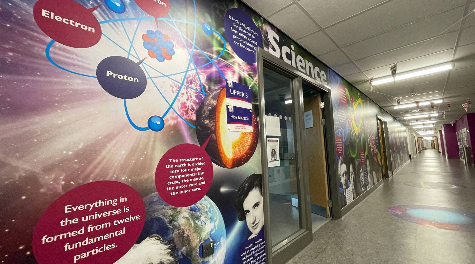 astrea-academy-science-corridor-wall-art. Science wall art timeline from Big Bang to Moon landing at Astrea Academy Sheffield