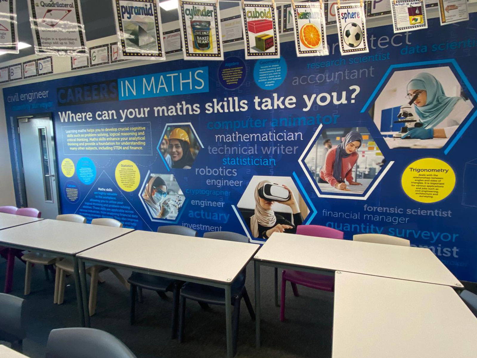 Careers in maths educational wall art within secondary school classroom