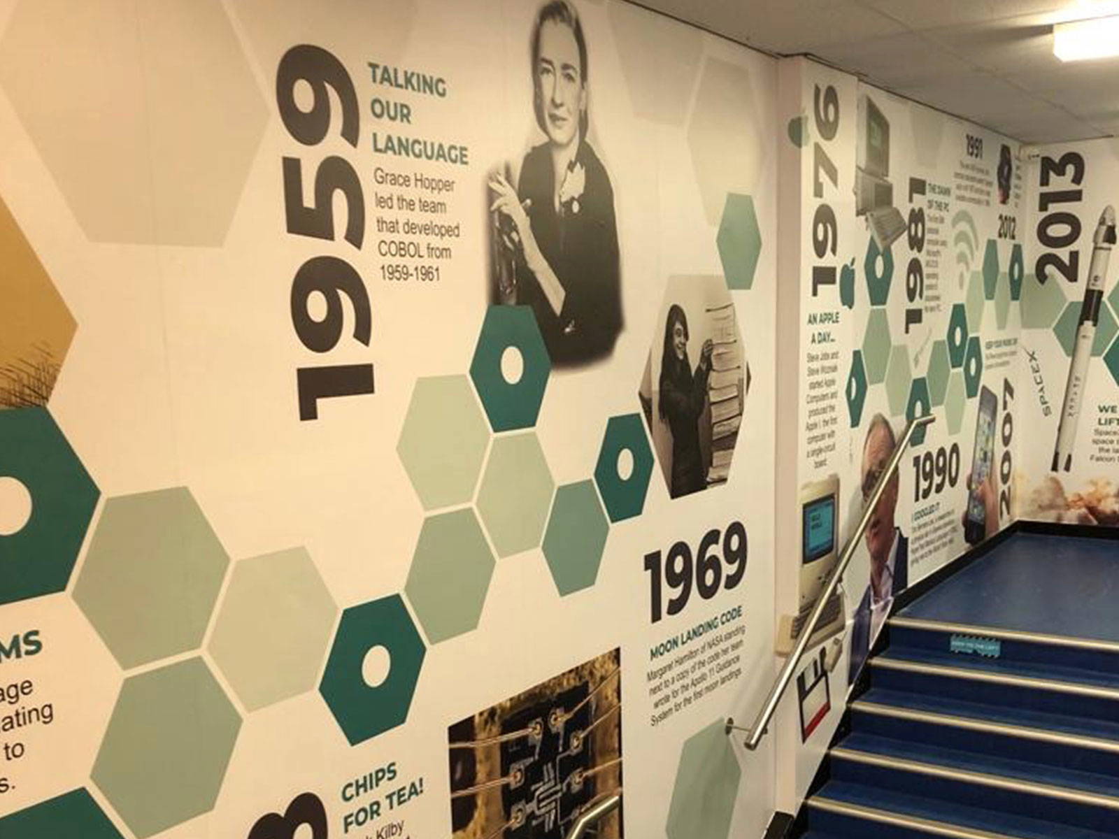 computer science wall art showing the history of computing in a school corridor