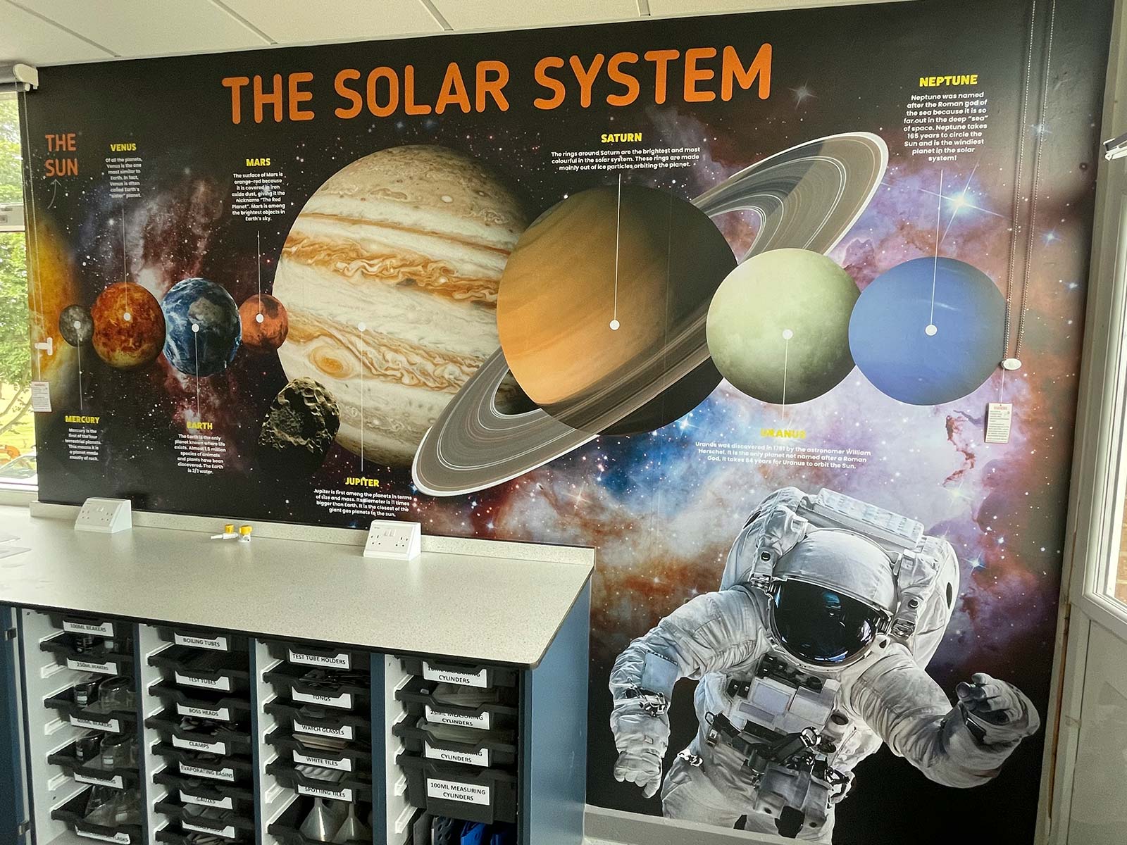 cience classroom murals with key physics concepts and diagrams