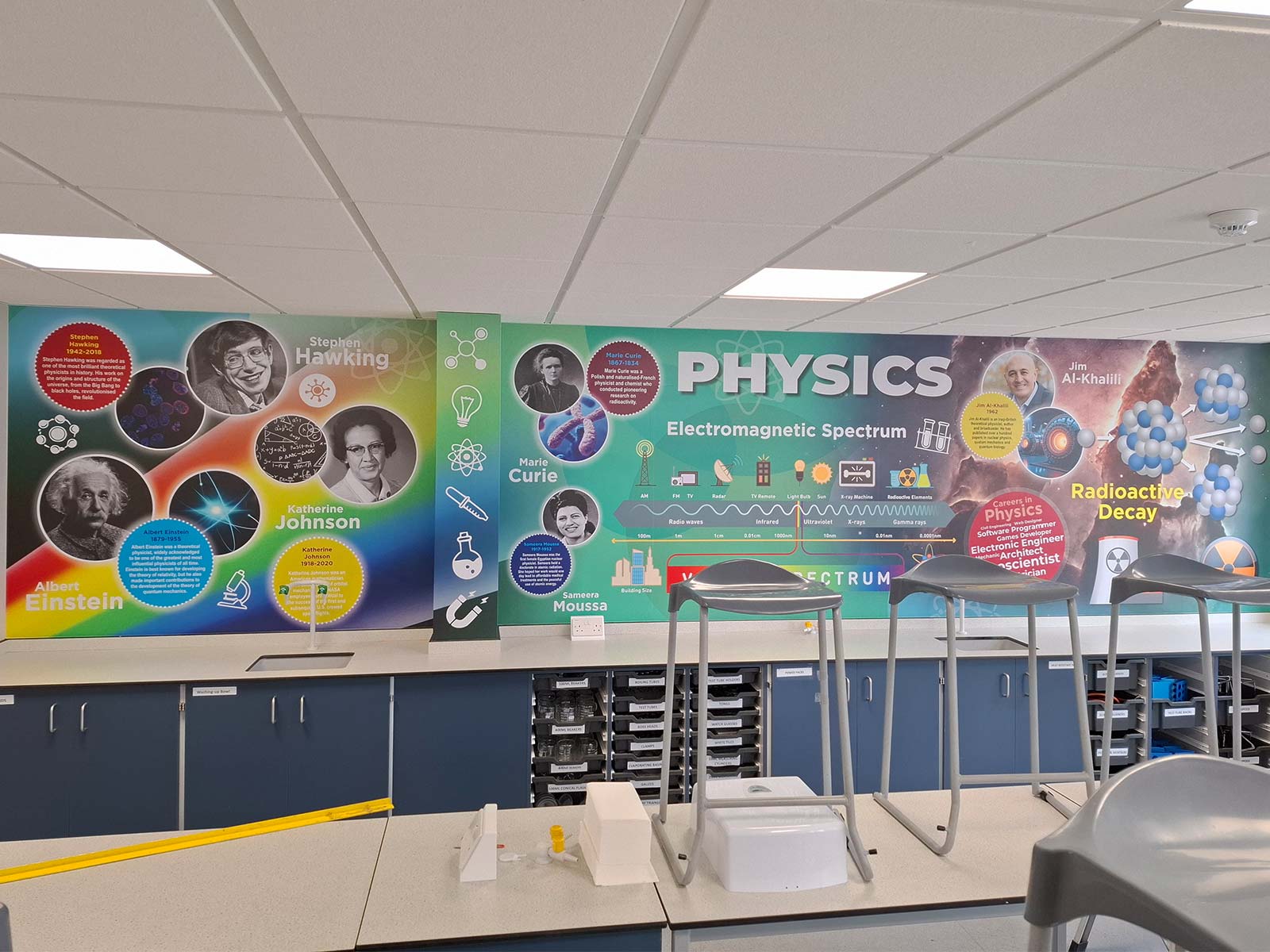 physics science classroom murals with key concepts and diagrams