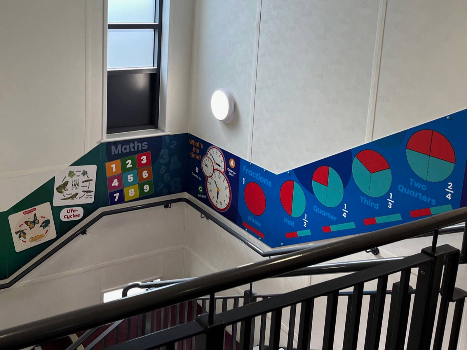 Educational wall art supporting early numeracy in primary school stairwell