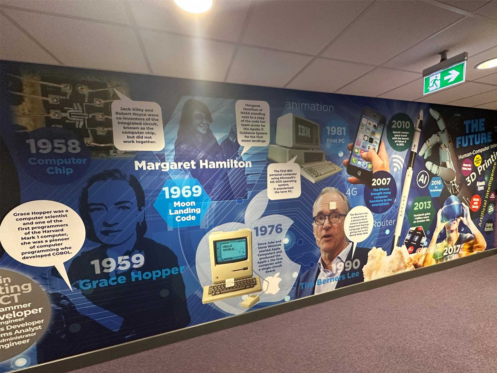 Large floor-to-ceiling computer science history timeline in secondary school