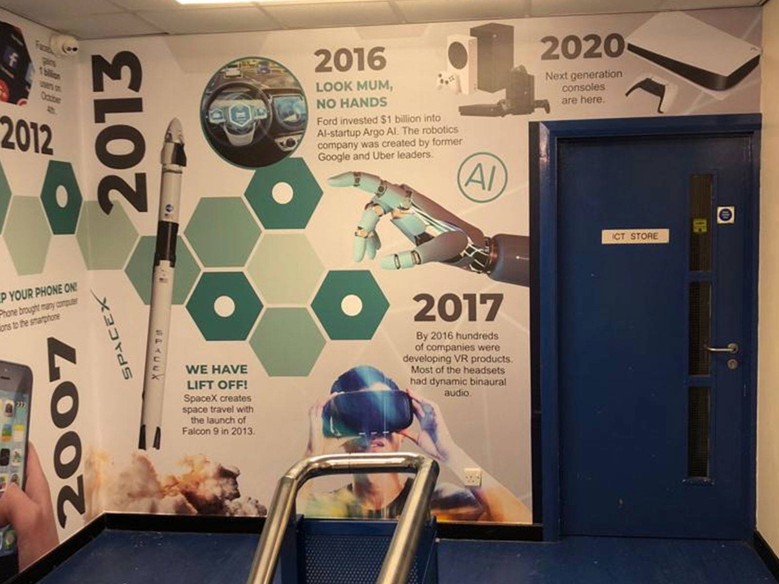 large computer science wall art timeline across multi-level school stairwell