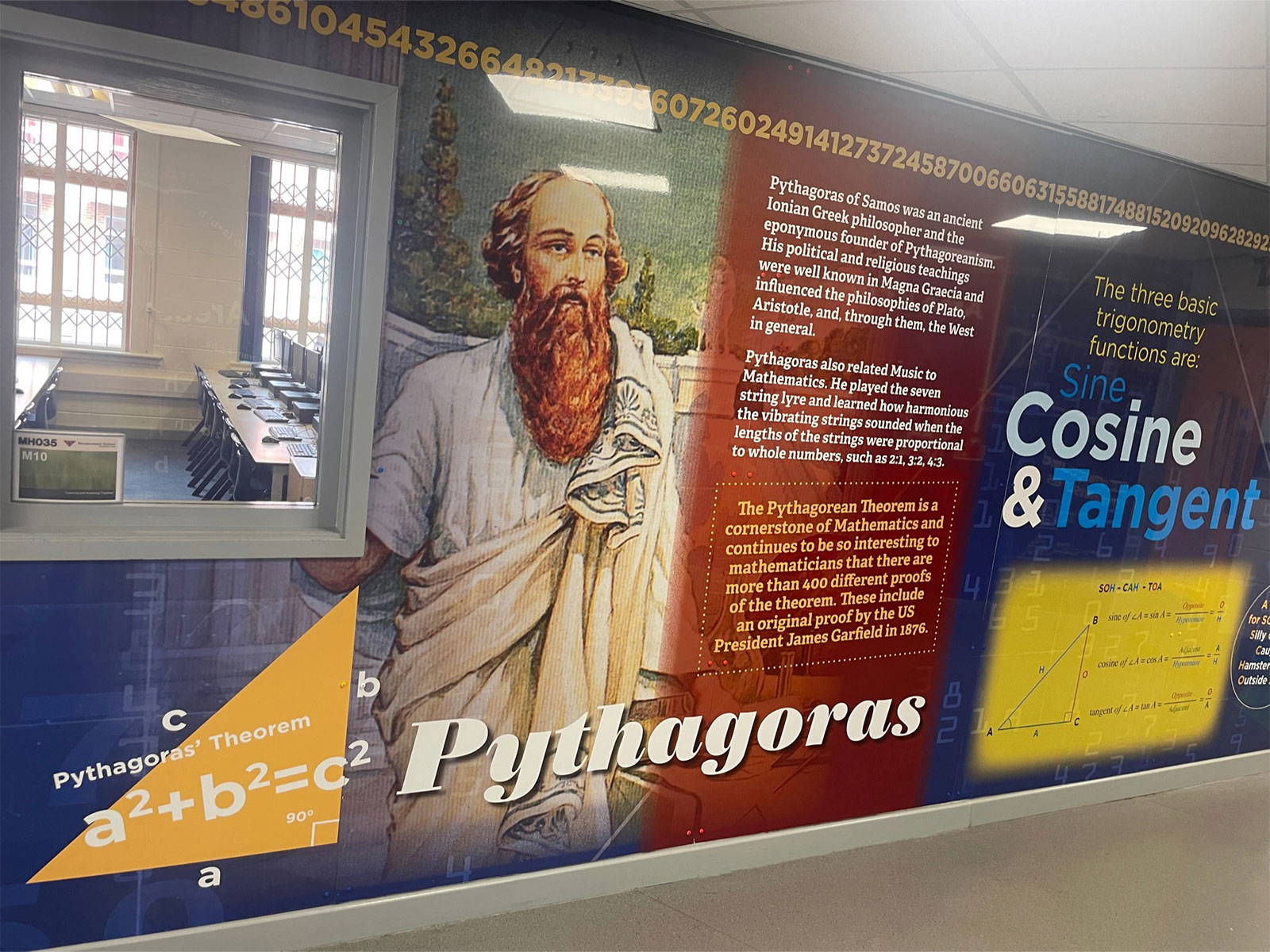 maths-curriculum-wall-art A close-up of the maths mural showing helpful formulas and geometry diagrams.