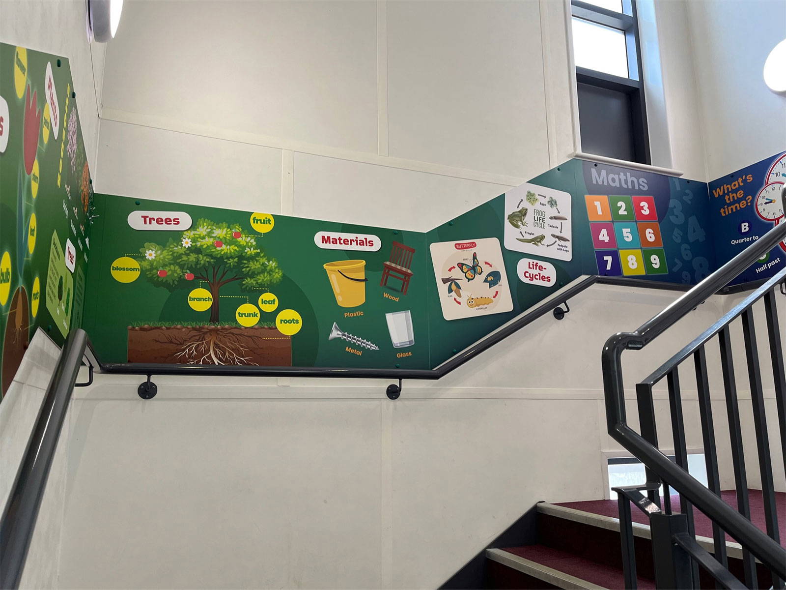 Rigid panel maths primary stairwell display installed in primary school