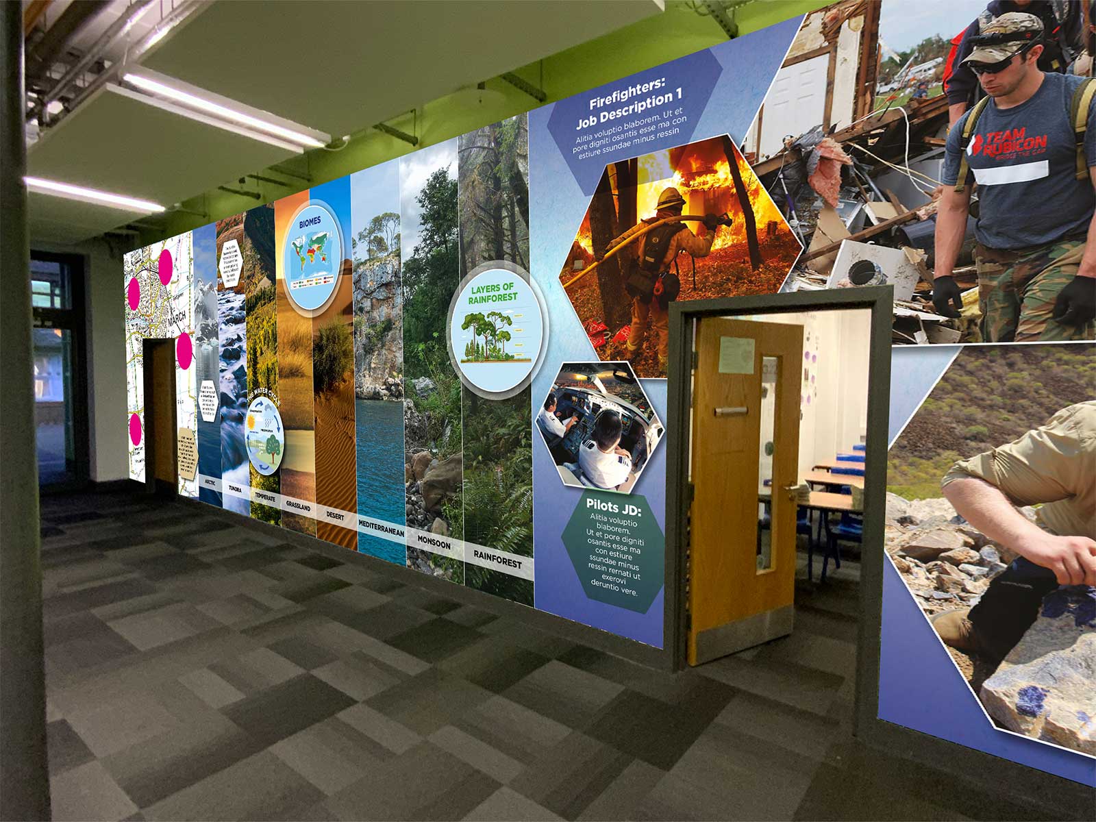 geography corridor wall art reinforcing school branding in secondary school