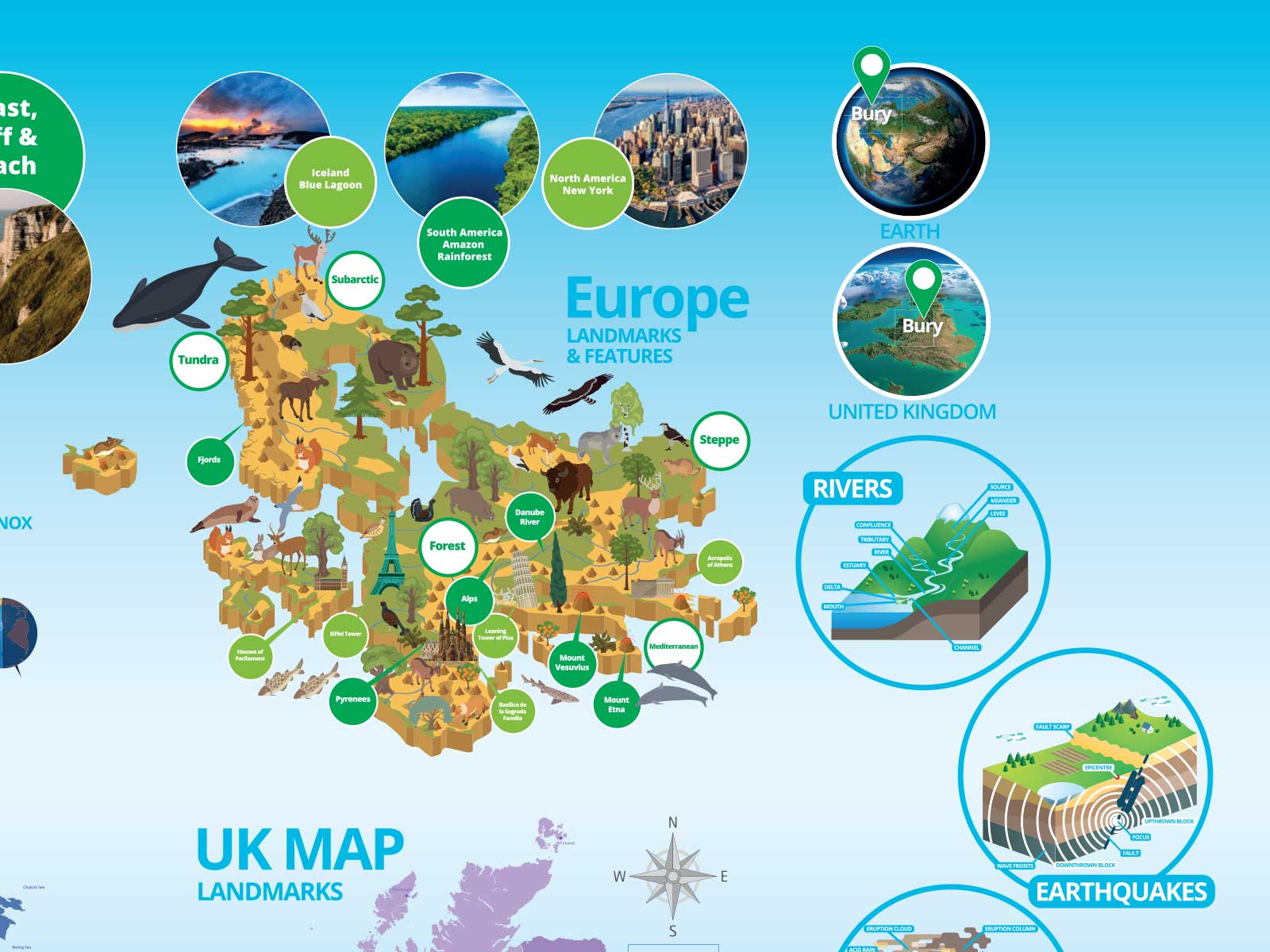 Educational wall art featuring geographical vocabulary and school branding in the main hall.